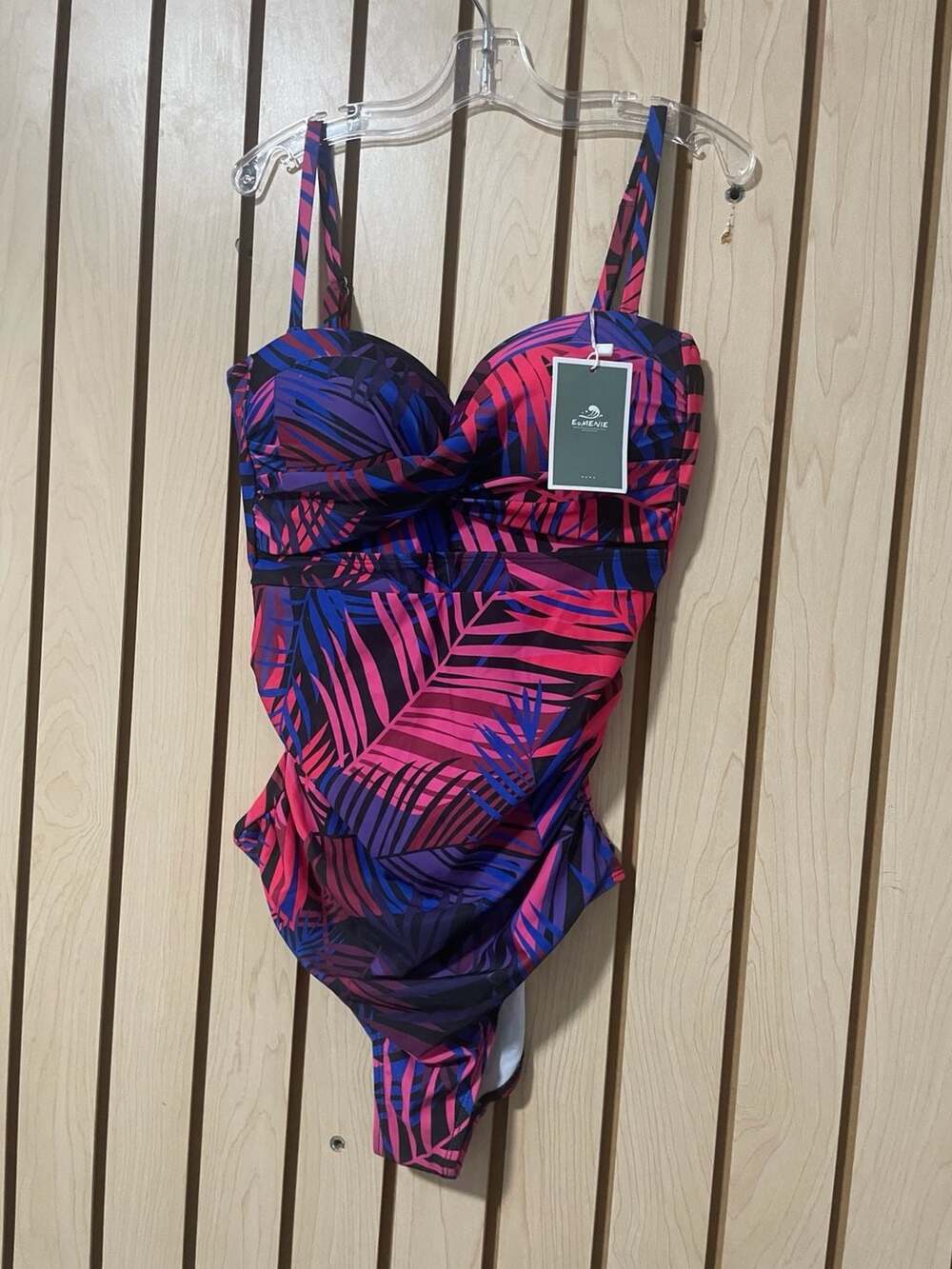 Eomenie Women's Tropical Palm Leaf Twist Front One Piece Swimsuit, Size M
